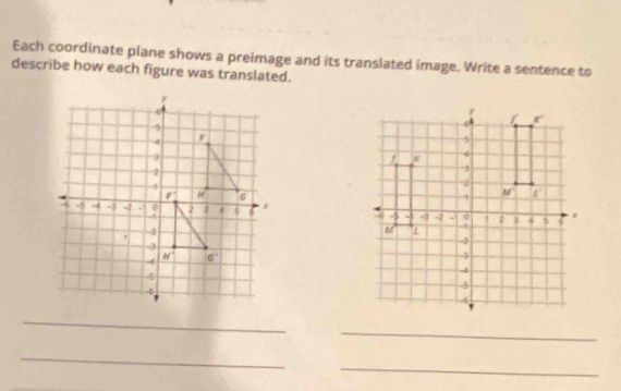 Each coordinate plane shows a preimage and its translated image. Write a sentence to
describe how each figure was translated.
 
_
_
_
_