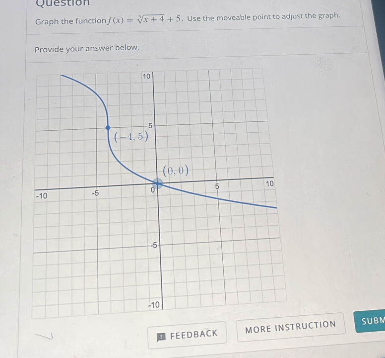 Question
Graph the function f(x)=sqrt[3](x+4)+5. Use the moveable point to adjust the graph.
Provide your answer below:
! FEEDBACK MORE INSTRUCTION SUBM