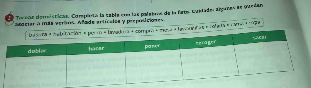 Tareas domésticas. Completa la tabla con las palabras de la lista. Cuidado: algunas se pueden 
asociar a más verbos. Añade artículos y preposiciones. 
sa • lavavajillas • colada • cama • ropa