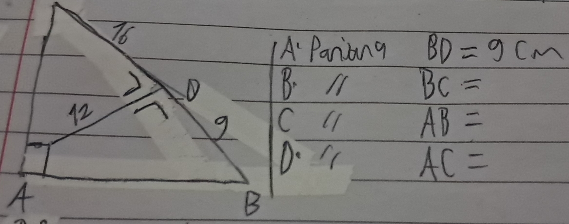 Paniong BD=9cm
BC=
AB=
AC=