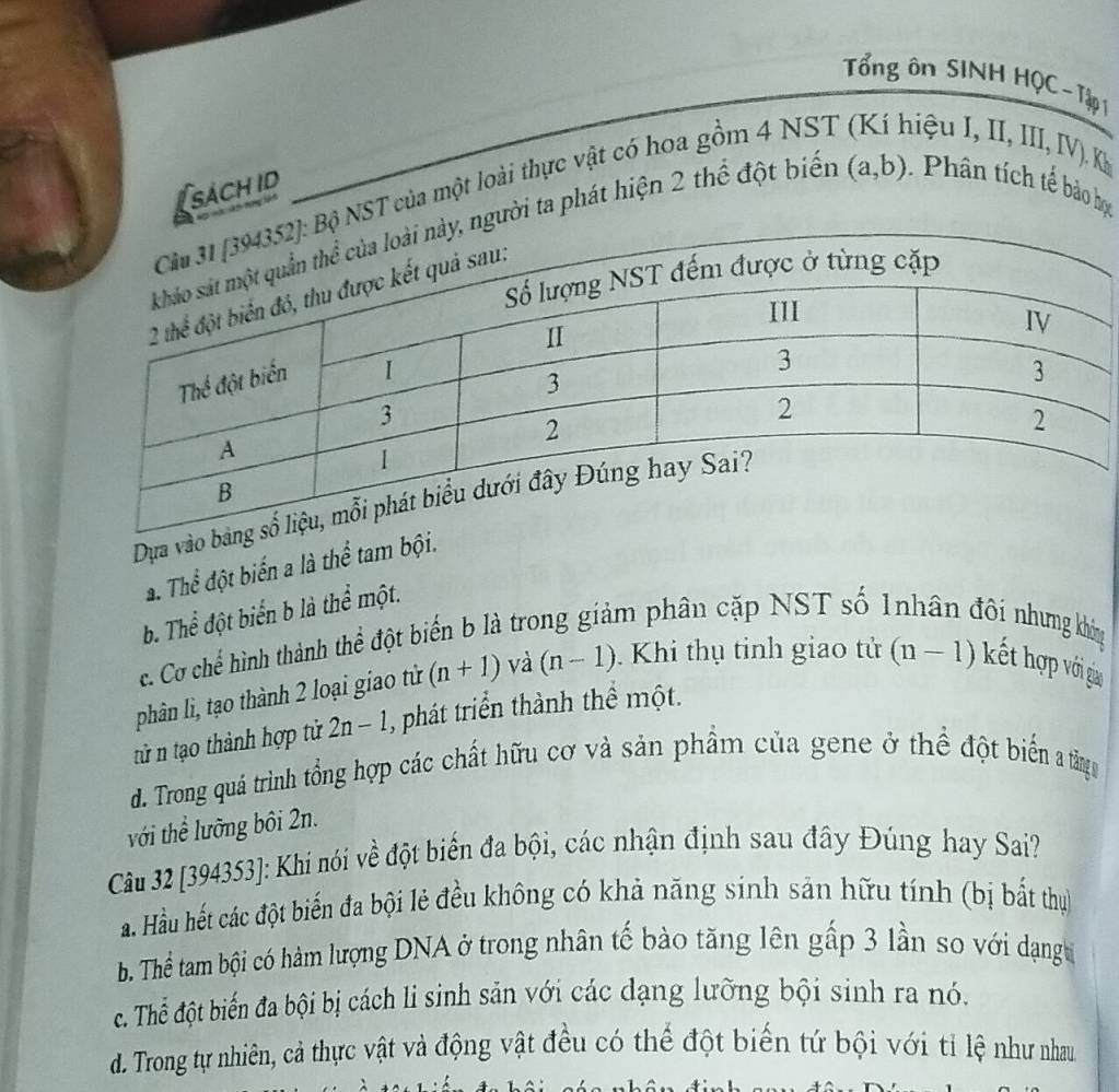 Tổng ôn SINH HQC - Tập 
(sách id
NST của một loài thực vật có hoa gồm 4 NST Iiệu I, II, III, IV). K
gười ta phát hiện 2 thể đột biển
(a,b) Phân tích tế bào học
Dựa vào
a. Thể đột biến a là thể tam bội.
b. Thể đột biển b là thể một.
c. Cơ chể hình thành thể đột biến b là trong giảm phân cặp NST số 1nhân đôi nhưng không
phân li, tạo thành 2 loại giao tử (n+1) và (n-1). Khi thụ tinh giao tử (n-1) kết hợp với giào
tử n tạo thành hợp tử 2n-1 ,phát triển thành thể một.
d. Trong quá trình tổng hợp các chất hữu cơ và sản phẩm của gene ở thể đột biển a tăng
với thể lưỡng bôi 2n.
Câu 32 [394353]: Khí nói về đột biến đa bội, các nhận định sau đây Đúng hay Sai?
au Hầu hết các đột biến đa bội lẻ đều không có khả năng sinh sản hữu tính (bị bất thị
b. Thể tam bội có hàm lượng DNA ở trong nhân tế bào tăng lên gấp 3 lần so với dạng
c. Thể đột biến đa bội bị cách li sinh sản với các dạng lưỡng bội sinh ra nó.
d. Trong tự nhiên, cả thực vật và động vật đều có thể đột biến tứ bội với tỉ lệ như nhau