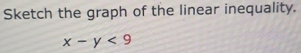 Sketch the graph of the linear inequality.
x-y<9</tex>