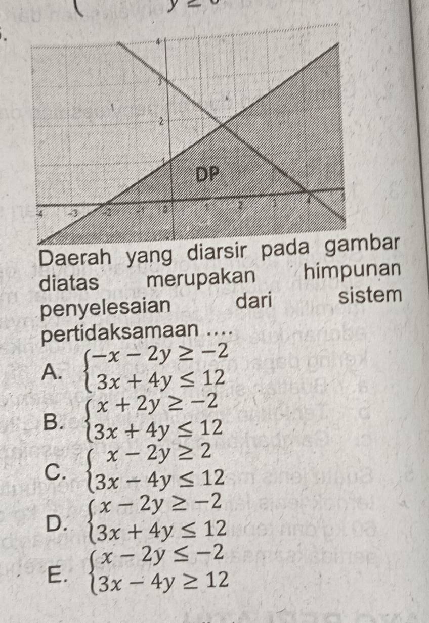 y
Daerah yang diarbar
diatas merupakan himpunan
penyelesaian dari
sistem
pertidaksamaan ....
A. beginarrayl -x-2y≥ -2 3x+4y≤ 12endarray.
B. beginarrayl x+2y≥ -2 3x+4y≤ 12endarray.
C. beginarrayl x-2y≥ 2 3x-4y≤ 12endarray.
D. beginarrayl x-2y≥ -2 3x+4y≤ 12endarray.
E. beginarrayl x-2y≤ -2 3x-4y≥ 12endarray.