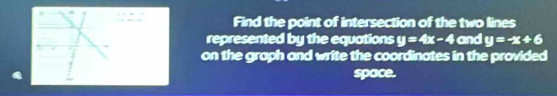 Find the point of intersection of the two lines
represented by the equations y=4x-4 and y=-x+6
on the graph and write the coordinates in the provided
space.