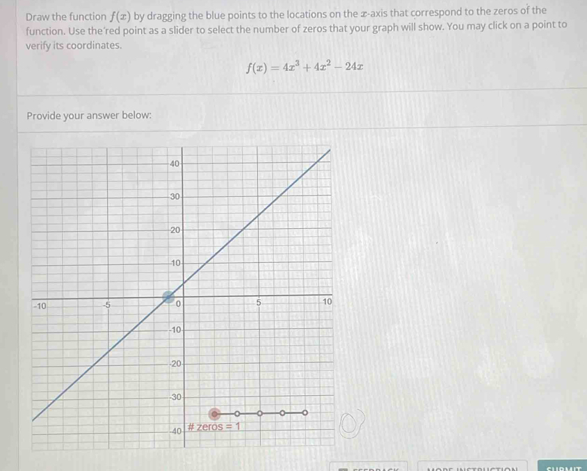 Draw the function f(x) by dragging the blue points to the locations on the x-axis that correspond to the zeros of the
function. Use the'red point as a slider to select the number of zeros that your graph will show. You may click on a point to
verify its coordinates.
f(x)=4x^3+4x^2-24x
Provide your answer below: