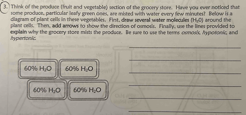 Think of the produce (fruit and vegetable) section of the grocery store. Have you ever noticed that 
some produce, particular leafy green ones, are misted with water every few minutes? Below is a 
diagram of plant cells in these vegetables. First, draw several water molecules (H_2O) around the 
plant cells. Then, add arrows to show the direction of osmosis. Finally, use the lines provided to 
explain why the grocery store mists the produce. Be sure to use the terms osmosis, hypotonic, and 
hypertonic. 
_ 
_ 
_
60% H_2O 60 % H_2O
_
60% H_2O 60% H_2O
_ 
_