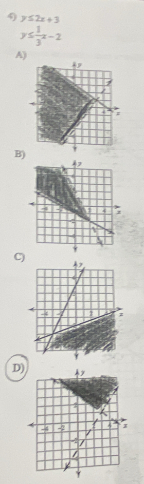 y≤ 2x+3
y≤  1/3 x-2
A)
B)
C)
D