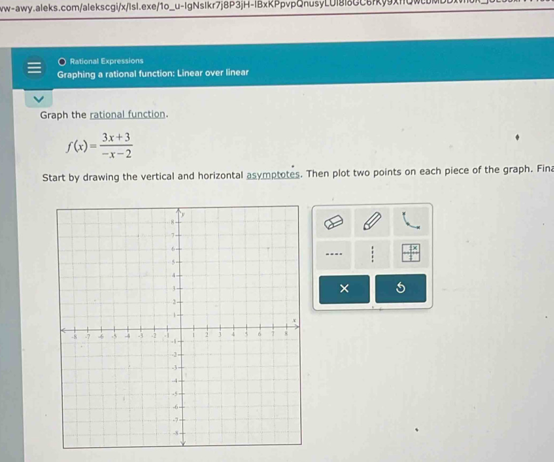 Rational Expressions 
Graphing a rational function: Linear over linear 
Graph the rational function.
f(x)= (3x+3)/-x-2 
Start by drawing the vertical and horizontal asymptotes. Then plot two points on each piece of the graph. Fina 
---- 
×