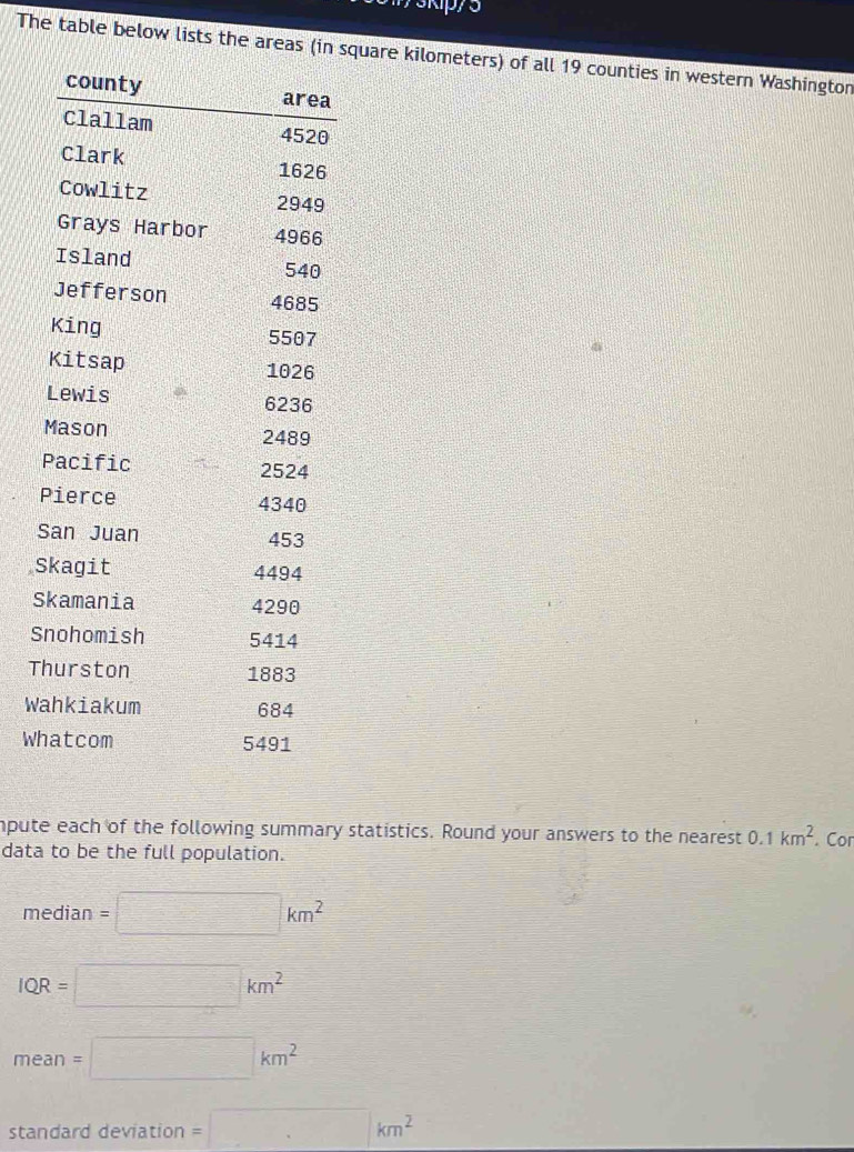 The table below lists the areas (in square kilometers) of all 19 counties in western Washington
S
S
S
T
W
Wh
mpute each of the following summary statistics. Round your answers to the nearest 0.1km^2
data to be the full population. . Cor
median=□ km^2
IQR=□ km^2
mean=□ km^2
standard deviation =□ km^2