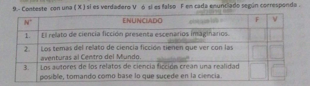 9.- Conteste con una ( X ) si es verdadero V ó si es falso F en cada enunciado según corresponda .