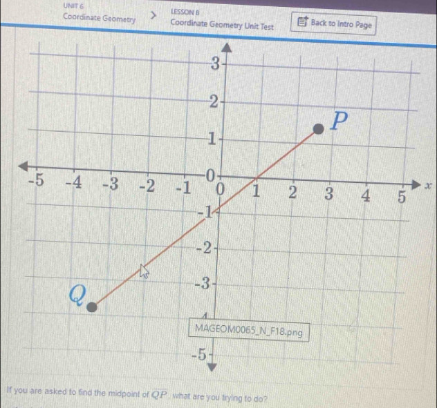 LESSON B 
Coordinate Geometry Coordinate Geometry Unit Test Back to Intro Page 
x 
If you are asked to find the midpoint of overline QP , what are you trying to do?