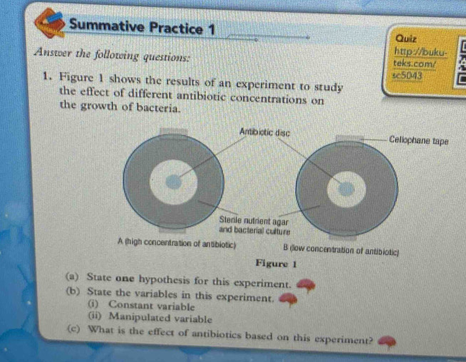 Summative Practice 1 
Quiz 
http://buku- 
Answer the following questions: teks.com/ 
sc5043 
1. Figure 1 shows the results of an experiment to study 
the effect of different antibiotic concentrations on 
the growth of bacteria. 
B (low concentration of antibiotic) 
Figure 1 
(a) State one hypothesis for this experiment. 
(b) State the variables in this experiment. 
(i) Constant variable 
(ii) Manipulated variable 
(c) What is the effect of antibiotics based on this experiment?