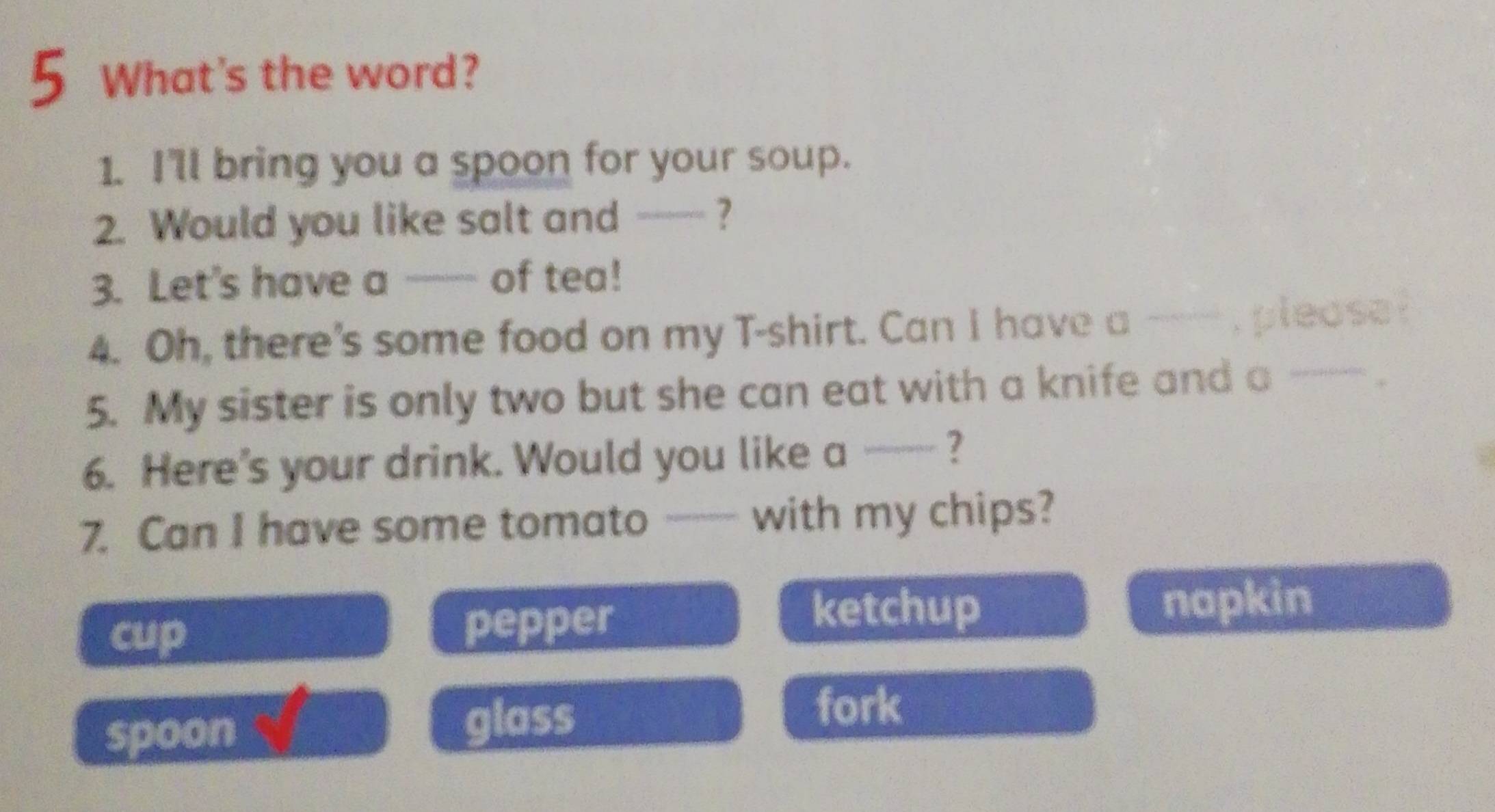 What's the word?
1. I'll bring you a spoon for your soup.
2. Would you like salt and --- ?
3. Let's have a - of tea!
4. Oh, there's some food on my T-shirt. Can I have a _-, please?
5. My sister is only two but she can eat with a knife and a - .
6. Here's your drink. Would you like a -- ?
7. Can I have some tomato -- with my chips?
cup pepper
ketchup napkin
spoon
glass
fork