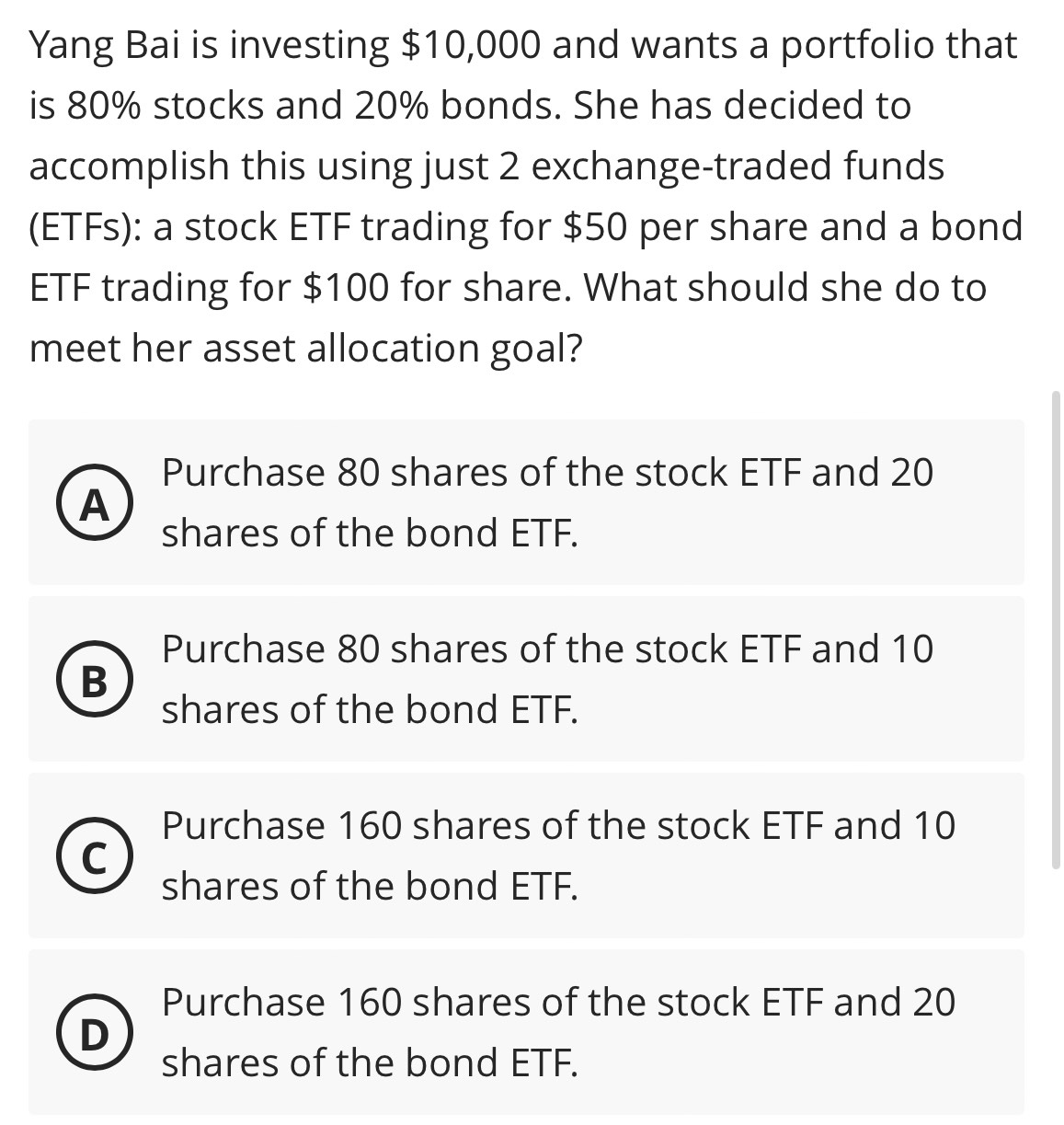 Solved: Yang Bai is investing $10,000 and wants a portfolio that is 80%  stocks and 20% bonds. She [Business]
