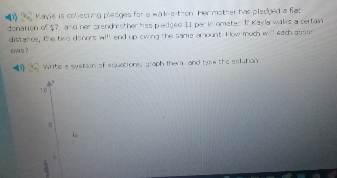 Kayla is collecting pledges for a walk-a-thon. Her mother has pledged a flat
donation of $7, and her grandmother has pledged $1 per kilometer. If Kayla walks a certain
distance, the two donors will end up owing the same amount. How much will each donor
owe?
Write a system of equations, graph them, and type the solution.
y
10
B
6