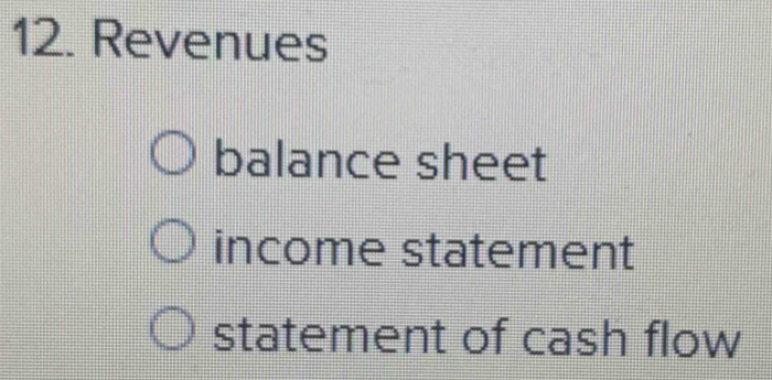 Revenues 
balance sheet 
income statement 
statement of cash flow