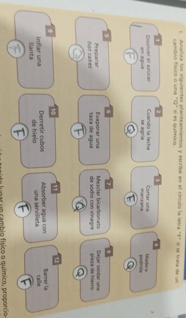 Analiza los siguientes planteamientos y escribe en el circulo la letra "F ” si se trata de un 
cambio físico o una “ Q ” si es químico. 
1 
2 
3 
A 
Disolver el azúcar Cuando la leche Cortar una Madera 
en agua se agria manzana podrida
5
6
7
8 
Preparar Evaporar una Mezclar bicarbonato Dejar oxidar una 
hot cakes taza de agua de sodio con vinagre pieza de hierro
11
12
9 
10 
Inflar una Derretir cubos Absorber agua con Barrer la 
llanta de hielo una servilleta calle 
lugar un cambio físico o químico, proporcio-