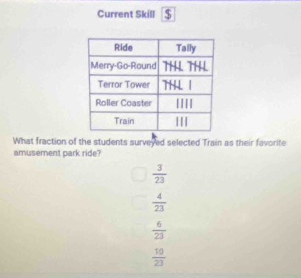 Current Skill $
What fraction of the students surveyed selected Train as their favorite
amusement park ride?
 3/23 
 4/23 
 6/23 
 10/23 