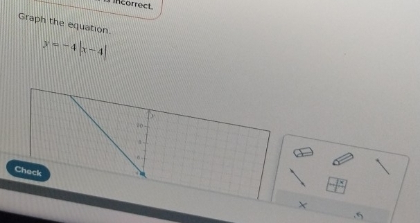 incorrect. 
Graph the equation.
y=-4|x-4|
×
5