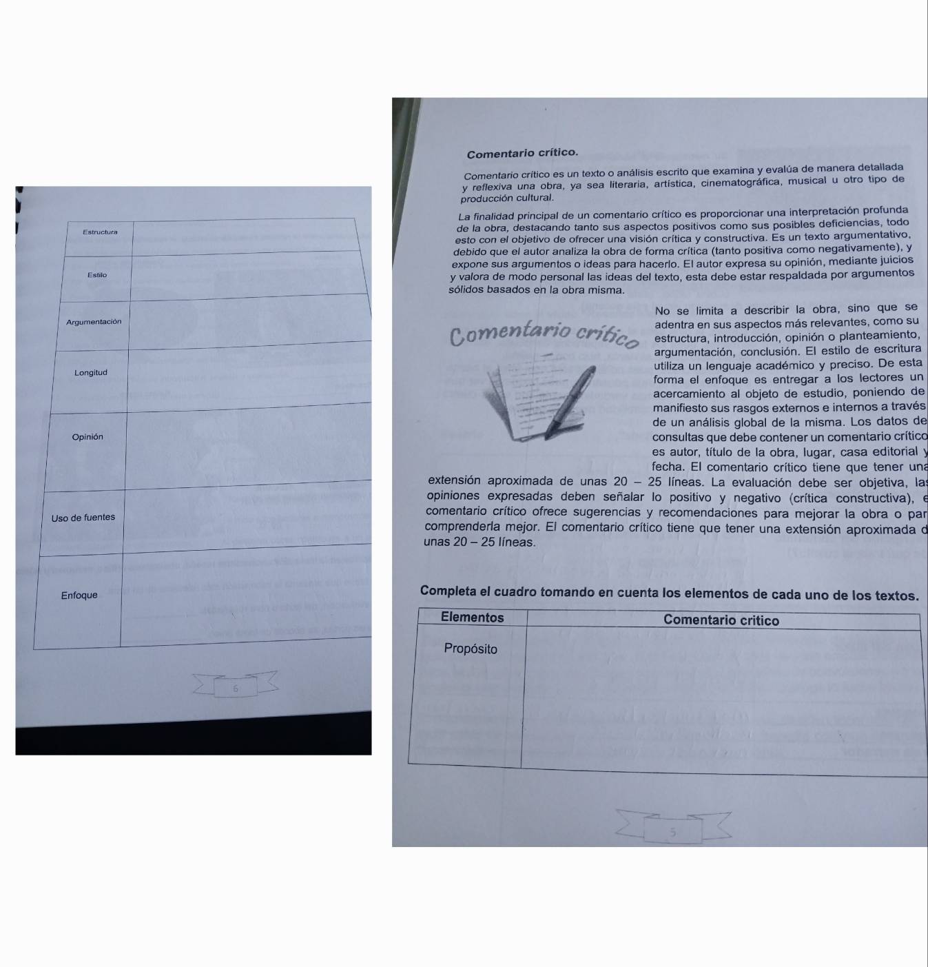 Comentario crítico.
Comentario crítico es un texto o análisis escrito que examina y evalúa de manera detallada
y reflexiva una obra, ya sea literaria, artística, cinematográfica, musical u otro tipo de
producción cultural.
La finalidad principal de un comentario crítico es proporcionar una interpretación profunda
de la obra, destacando tanto sus aspectos positivos como sus posibles deficiencias, todo
esto con el objetivo de ofrecer una visión crítica y constructiva. Es un texto argumentativo,
debido que el autor analiza la obra de forma crítica (tanto positiva como negativamente), y
expone sus argumentos o ideas para hacerlo. El autor expresa su opinión, mediante juicios
y valora de modo personal las ideas del texto, esta debe estar respaldada por argumentos
sólidos basados en la obra misma.
No se limita a describir la obra, sino que se
adentra en sus aspectos más relevantes, como su
Comentario crítico estructura, introducción, opinión o planteamiento,
argumentación, conclusión. El estilo de escritura
utiliza un lenguaje académico y preciso. De esta
forma el enfoque es entregar a los lectores un
acercamiento al objeto de estudio, poniendo de
manifiesto sus rasgos externos e internos a través
de un análisis global de la misma. Los datos de
consultas que debe contener un comentario crítico
es autor, título de la obra, lugar, casa editorial y
fecha. El comentario crítico tiene que tener una
extensión aproximada de unas 20 - 25 líneas. La evaluación debe ser objetiva, las
opiniones expresadas deben señalar lo positivo y negativo (crítica constructiva), el
comentario crítico ofrece sugerencias y recomendaciones para mejorar la obra o par
comprenderla mejor. El comentario crítico tiene que tener una extensión aproximada de
unas 20 - 25 líneas.
Completa el cuadro tomando en cuenta los elementos de cada uno de los textos.
6
5