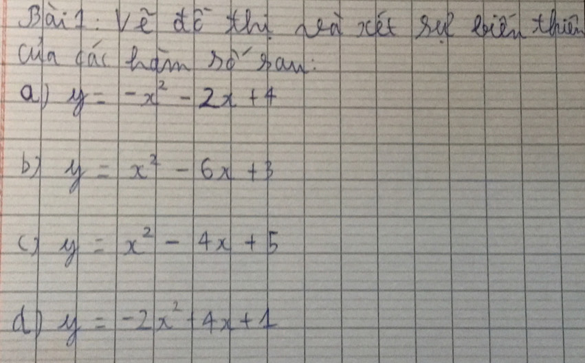 Bai: ve dé th eà set suì eoi2n thi 
cula dái ham so shan. 
al y=-x^2-2x+4
by y=x^2-6x+3
() y=x^2-4x+5
do y=-2x^2-4x+1