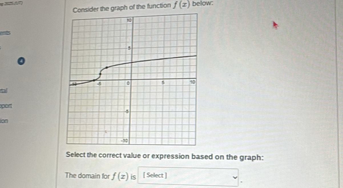 Consider the graph of the function f(x) below: 
ants 
tal 
port 
ion 
Select the correct value or expression based on the graph: 
The domain for f(x) is [ Select ]