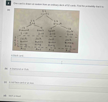 One card is drawn at random from an ordinary deck of 52 cards. Find the probability that it is: 
(a) 
A black card. 
(b) A Diamond or Club. 
(c) A red face card or an Ace. 
(d) NOT a Heart
