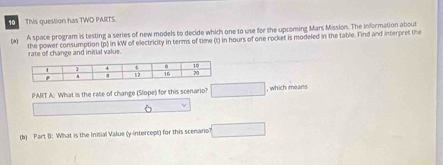 This question has TWO PARTS. 
(a) A space program is testing a series of new models to decide which one to use for the upcoming Mars Mission. The information about 
the power consumption (p) in kW of electricity in terms of time (t) in hours of one rocket is modeled in the table. Find and interpret the 
rate of change and initial value. 
PART A: What is the rate of change (Slope) for this scenario? , which means 
(b) Part B: What is the Initial Value (y-intercept) for this scenario?