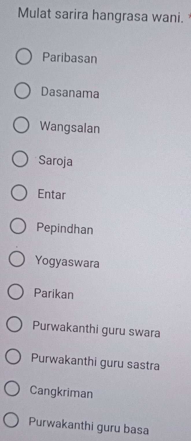 Mulat sarira hangrasa wani.
Paribasan
Dasanama
Wangsalan
Saroja
Entar
Pepindhan
Yogyaswara
Parikan
Purwakanthi guru swara
Purwakanthi guru sastra
Cangkriman
Purwakanthi guru basa