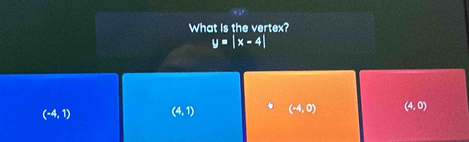 What is the vertex?
y=|x-4|
(4,0)
(-4,1)
(4,1)
(-4,0)