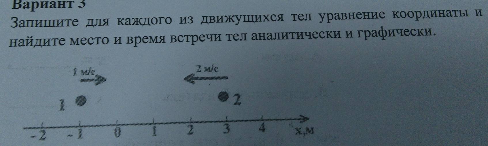 Baриант 3 
Валишеιиτе для каждогоиз движушихся тел уравнение координаты и 
Ηайдите место и время встречи тел аналитически и графически.