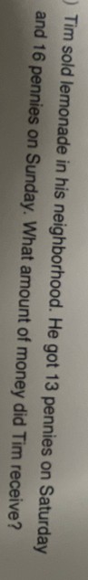 Tim sold lemonade in his neighborhood. He got 13 pennies on Saturday 
and 16 pennies on Sunday. What amount of money did Tim receive?