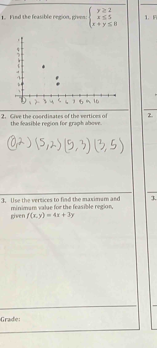 Find the feasible region, given: beginarrayl y≥ 2 x≤ 5 x+y≤ 8endarray. 1. F
2. Give the coordinates of the vertices of 2.
the feasible region for graph above.
3. Use the vertices to find the maximum and 3.
minimum value for the feasible region,
given f(x,y)=4x+3y
Grade: