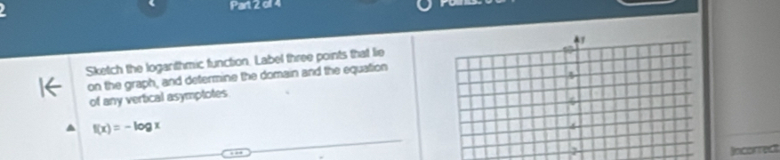 Pat 2 o1 4 
Sketch the loganithmic function. Label three points that lie 
on the graph, and determine the domain and the equation 
of any vertical asymptotes
f(x)=-log x
Incorrect