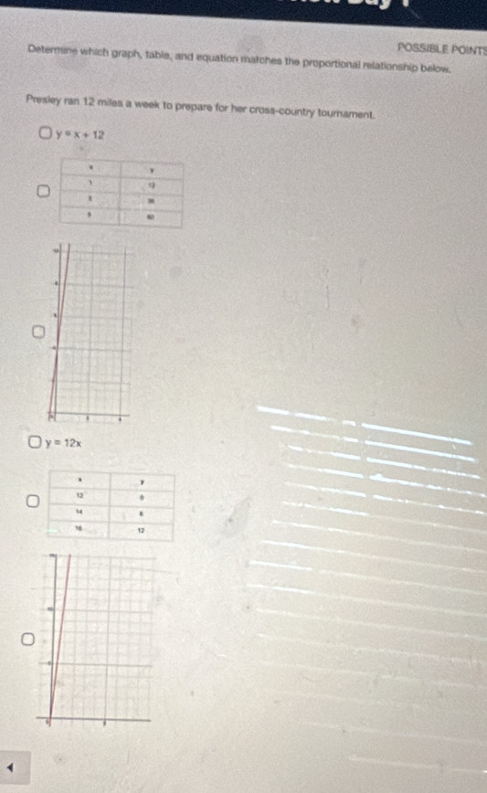 POSSIBLE POINT:
Determine which graph, table, and equation matches the proportional relationship below.
Presley ran 12 miles a week to prepare for her cross-country tournament.
y=x+12
9
.
t
o y=12x
1