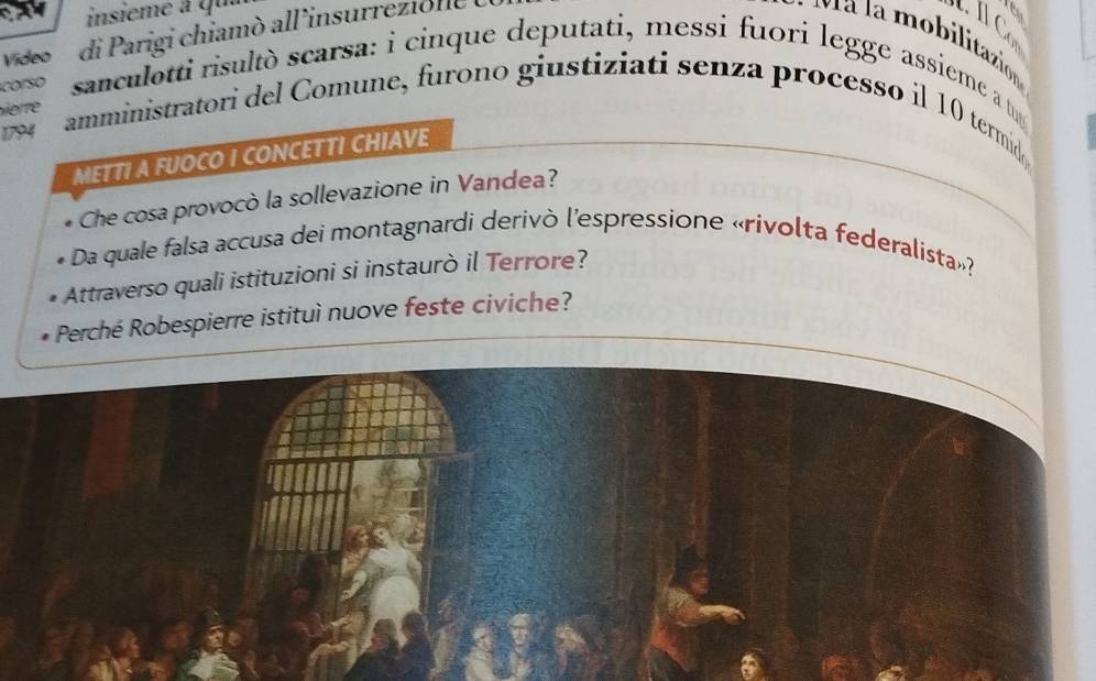 insième à qu 
Video di Parigi chiamò all'insurrezione v a la mobilitaioó 
corso sanculotti risultò scarsa: i cinque deputati, messi fuori legge assieme a t 
Nere 
1794 
amministratori del Comune, furono giustiziati senza processo il 10 termid 
METTI A FUOCO I CONCETTI CHIAVE 
Che cosa provocò la sollevazione in Vandea? 
Da quale falsa accusa dei montagnardi derivò l'espressione «rivolta federalista»? 
Attraverso quali istituzioni si instaurò il Terrore? 
Perché Robespierre istituì nuove feste civiche?