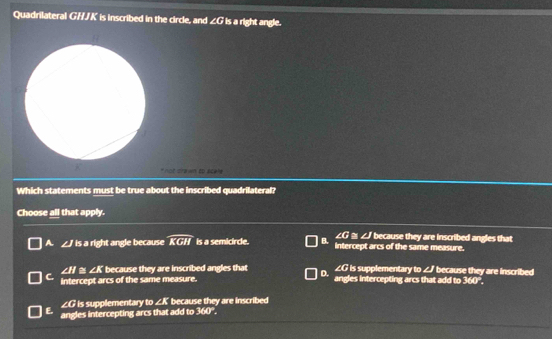 Quadrilateral GHJK is inscribed in the circle, and ∠ G is a right angle.
"not drown to ecer 
Which statements must be true about the inscribed quadrilateral?
Choose all that apply.
∠ G≌ ∠ J because they are inscribed angles that
A ∠ J ' is a right angle because widehat KGH is a semicircle. B. intercept arcs of the same measure.
∠ II ∠ K because they are inscribed angles that D. ∠ C is supplementary to ∠/ because they are inscribed
C. intercept arcs of the same measure. angles intercepting arcs that add to 360°.
∠G is supplementary to ∠K because they are inscribed
E. angles intercepting arcs that add to 360°,
