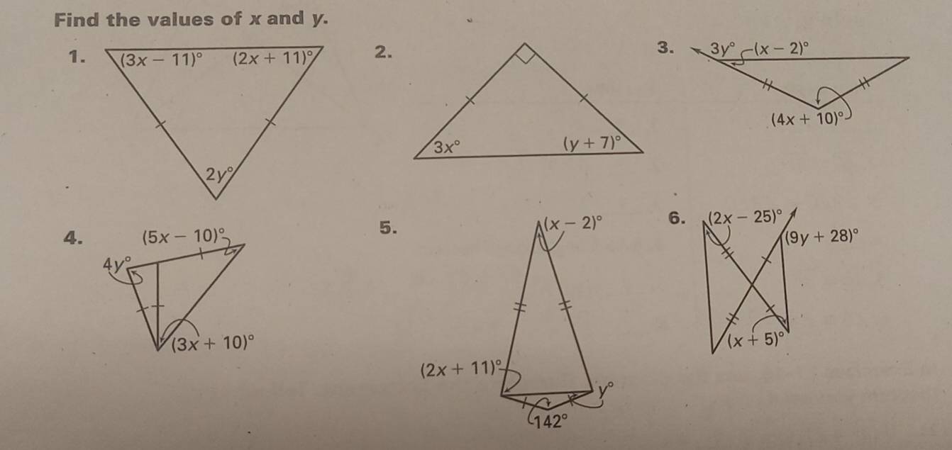 Find the values of x and y.
1.2.
3.
5.
6.
4.