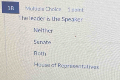 The leader is the Speaker
Neither
Senate
Both
House of Representatives