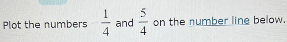 Plot the numbers - 1/4  and  5/4  on the number line below.