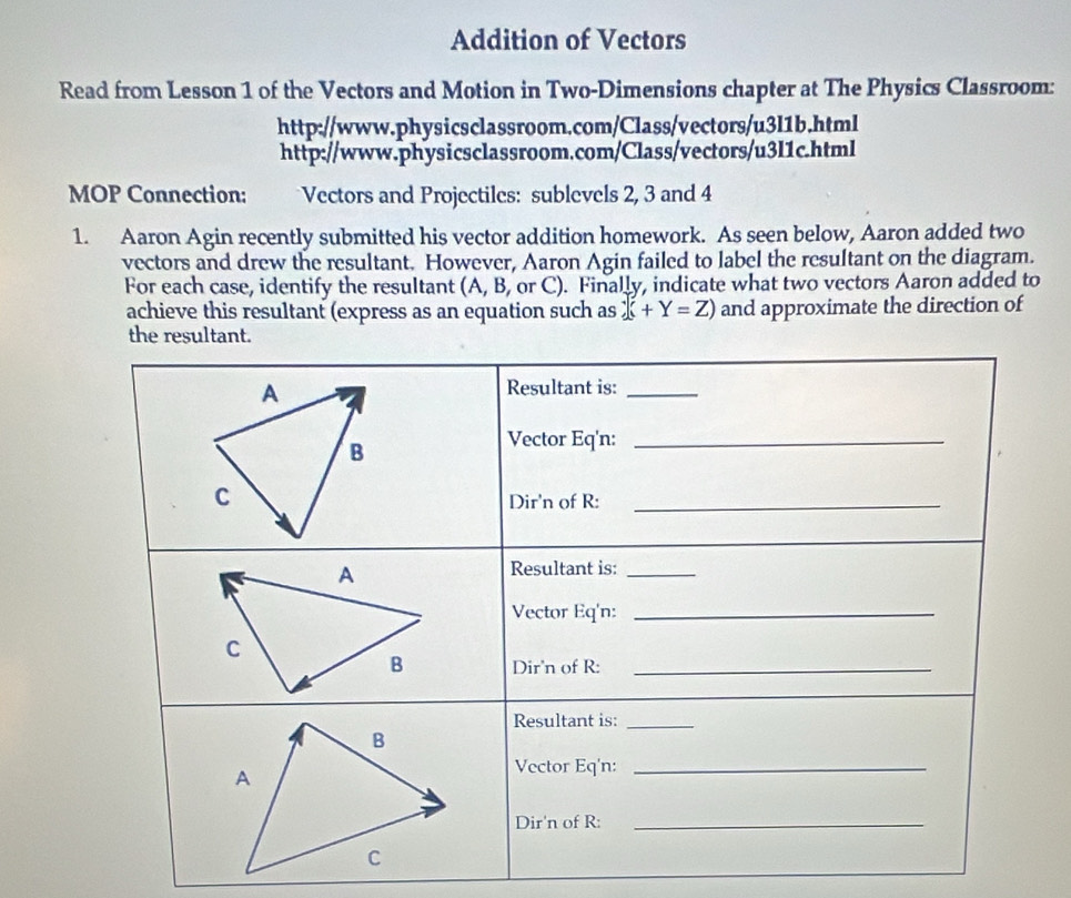 Addition of Vectors 
Read from Lesson 1 of the Vectors and Motion in Two-Dimensions chapter at The Physics Classroom: 
http://www.physicsclassroom.com/Class/vectors/u3l1b.html 
http://www.physicsclassroom.com/Class/vectors/u3l1c.html 
MOP Connection: Vectors and Projectiles: sublevels 2, 3 and 4
1. Aaron Agin recently submitted his vector addition homework. As seen below, Aaron added two 
vectors and drew the resultant. However, Aaron Agin failed to label the resultant on the diagram. 
For each case, identify the resultant (A, B, or C). Finally, indicate what two vectors Aaron added to 
achieve this resultant (express as an equation such as X+Y=Z) and approximate the direction of