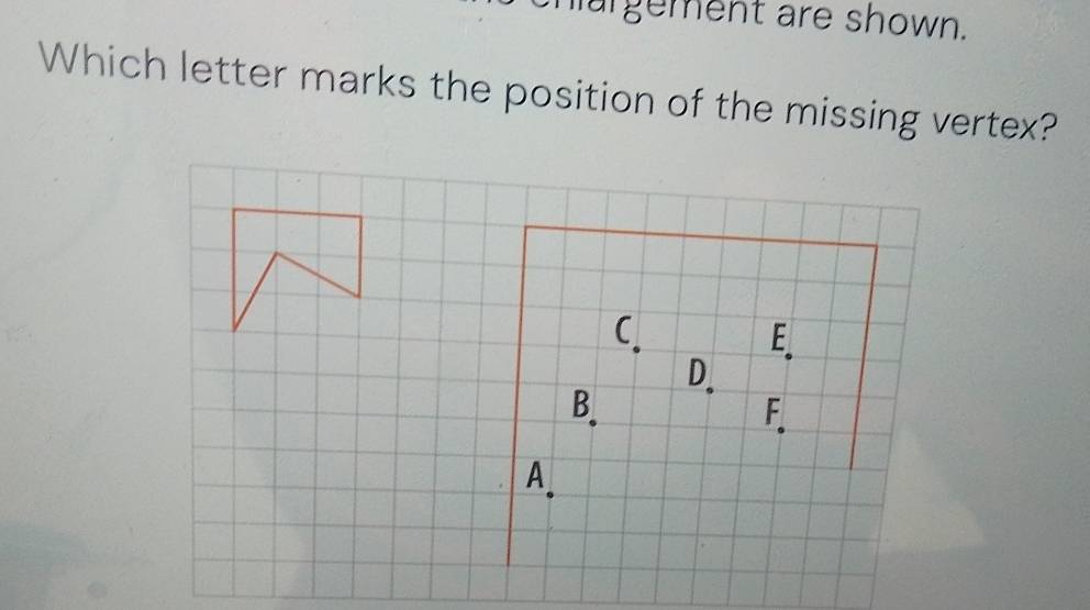 hargement are shown. 
Which letter marks the position of the missing vertex?