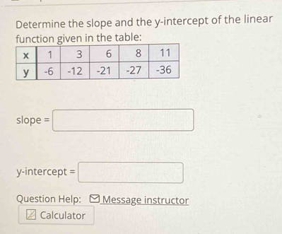 Determine the slope and the y-intercept of the linear 
function given in the table: 
slope =□
y-intercept =□
Question Help: Message instructor 
Calculator