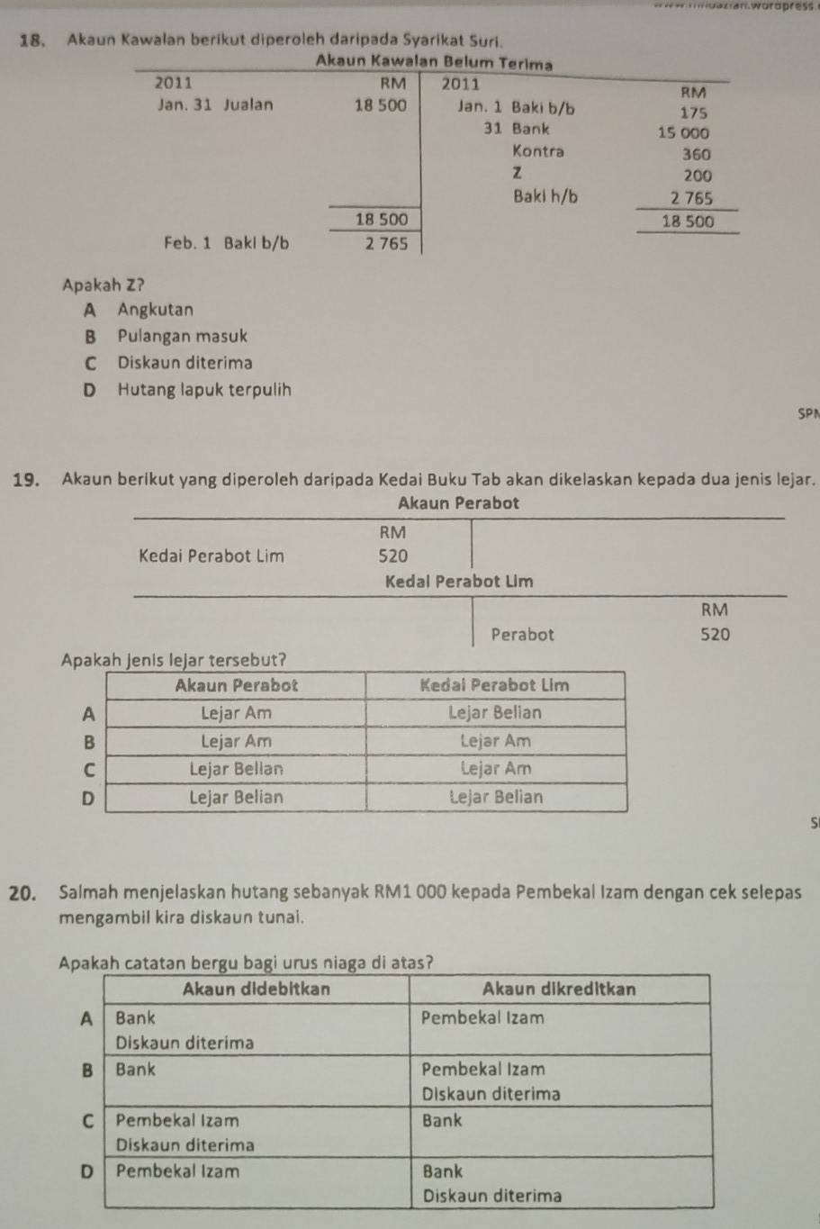 nworopress
18, Akaun Kawalan berikut diperoleh daripada Syarikat Suri.
Apakah Z?
A Angkutan
B Pulangan masuk
C Diskaun diterima
D Hutang lapuk terpulih
SPN
19. Akaun berikut yang diperoleh daripada Kedai Buku Tab akan dikelaskan kepada dua jenis lejar.
Akaun Perabot
RM
Kedai Perabot Lim 520
Kedal Perabot Lim
RM
Perabot 520
S
20. Salmah menjelaskan hutang sebanyak RM1 000 kepada Pembekal Izam dengan cek selepas
mengambil kira diskaun tunai.