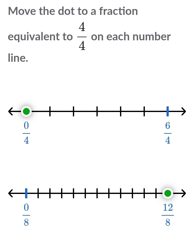 Move the dot to a fraction
equivalent to  4/4  on each number
line.