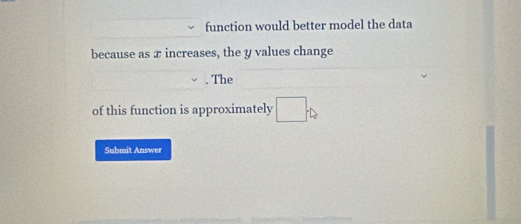 function would better model the data 
because as x increases, the y values change 
. The 
of this function is approximately □. 
Submit Answer