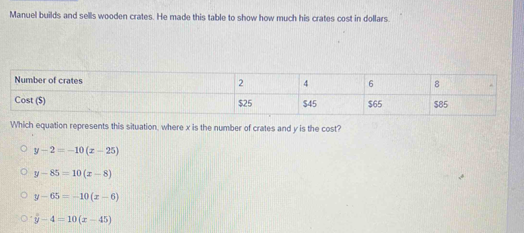 Manuel builds and sells wooden crates. He made this table to show how much his crates cost in dollars.
Which equation represents this situation, where x is the number of crates and y is the cost?
y-2=-10(x-25)
y-85=10(x-8)
y-65=-10(x-6)
y-4=10(x-45)