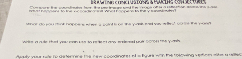 DRAWING CONCLUSIONS & MAKING CONJECTURES 
Compare the coordinates from the pre-image and the image after a reflection across the y-axis. 
What happens to the x-coordinates? What happens to the y-coordinates? 
What do you think happens when a point is on the y-axis and you reflect across the y-axis? 
Write a rule that you can use to reflect any ordered pair across the y-axis. 
Apply your rule to determine the new coordinates of a figure with the following vertices after a reflec