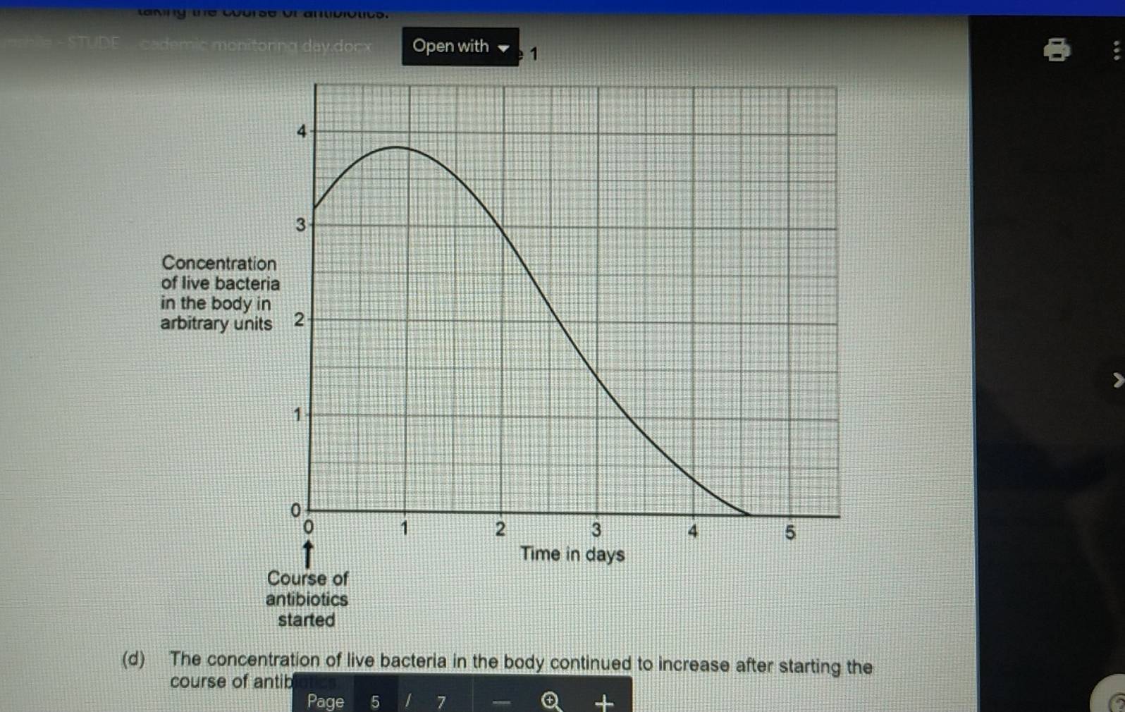 tavng the course or an u . 
Open with 1
(d) The concentration of live bacteria in the body continued to increase after starting the 
course of antib 
Pa
7