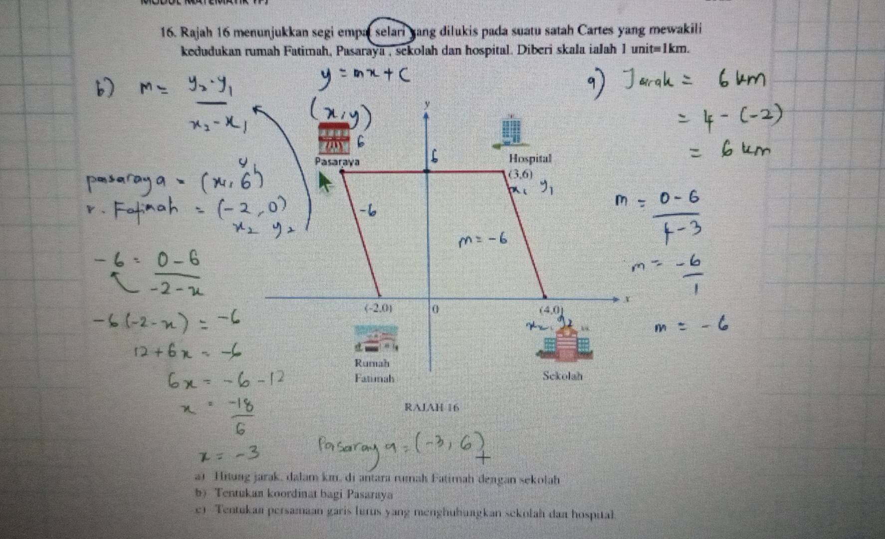 Rajah 16 menunjukkan segi empal selari yang dilukis pada suatu satah Cartes yang mewakili
kedudukan rumah Fatimah, Pasaraya , sekolah dan hospital. Diberi skala ialah 1 unit=1km.
RAJAH 16
a) Hitung jarak, dalam km, di antara ruah Fatimah dengan sekolah
b)Tentukan koordinat bagi Pasaraya
e) Tentıkan persamaan garis lurus yang menghuhungkan sekolah dan hospital.